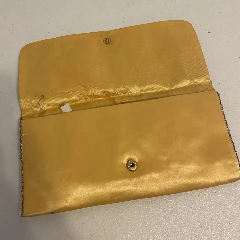 Vintage Japanese La Royal Product Long Wallet Silk Beaded Yellow Gold Asian Core